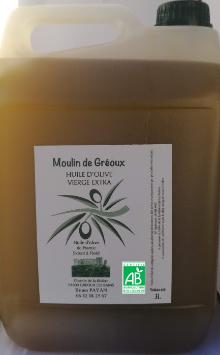 Huile d'olive Bio vierge extra 3 litres - Le Moulin de Gréoux - Huile d' olive et spécialités de Haute-Provence