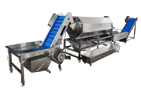 Ligne  d'épluchage  de  tubercules semi-automatique  à  haute  productivité  composée  de  4  éléments :  un  élévateur  de  trempage  pour  le  prélavage  du  sable  et  des  pierres,  une  machine  d'épluchage  continue  qui  permet  de  polir  et épluc