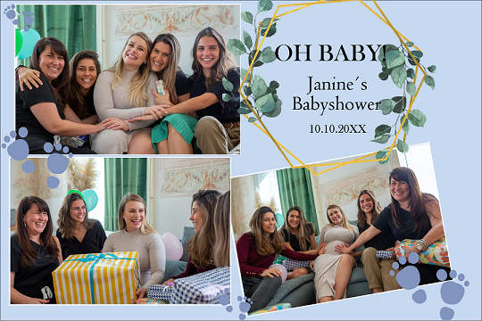 Fotoboxlayout mit drei Bildern für eine Babyparty