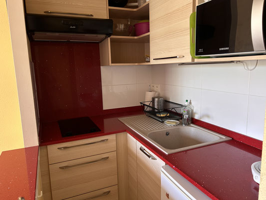 Cuisine équipée ,micro-ondes ,plaque ,hotte ,vaisselle , rangements .... tout est prévu. 