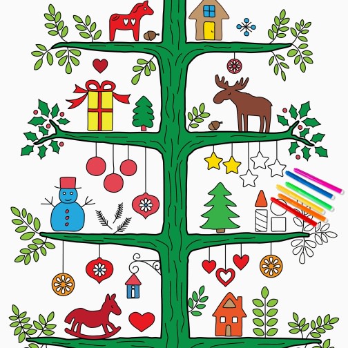 xmas tree scandinavian christmas nordic pattern coloring poster wall decor dala horse konjiček dala pferd magic christmas snowflake