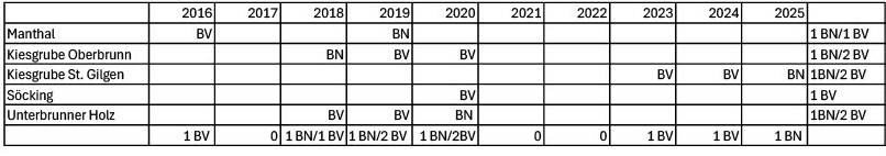 Wendehalsreviere im Landkreis STA von 2016 bis 2025 (BV=Brutverdacht, BN=Brutnachweis) 