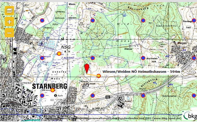 Lokalisierungsarten im ornitho.de (rot = exakt lokalisiert, blau =Halbminutenfeld, gelb = ornithologisches Gebiet)