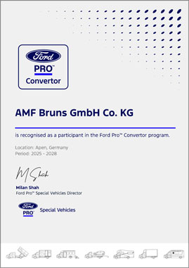 Zertifikat von Ford: AMF-Bruns ist Ford Pro Converter und zertifizierter Aufbauhersteller.