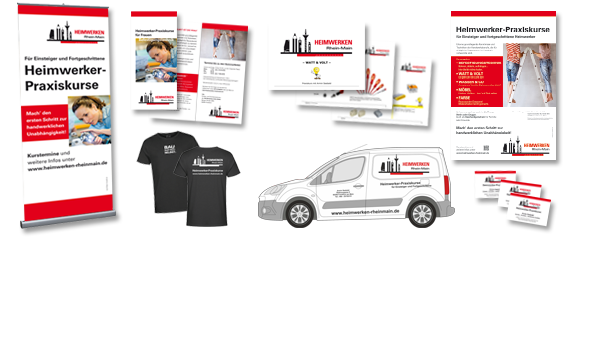 HEIMWERKEN RHEIN-MAIN, Frankfurt. Erarbeitung Corporate Design und umfangreiche Palette an Projekten wie Visitenkarten, diverse Flyer/Folder, Schulungsunterlagen für 5 Kursthemen, T-Shirts, RollUps, Plakate, Autowerbeflächen und vieles mehr.