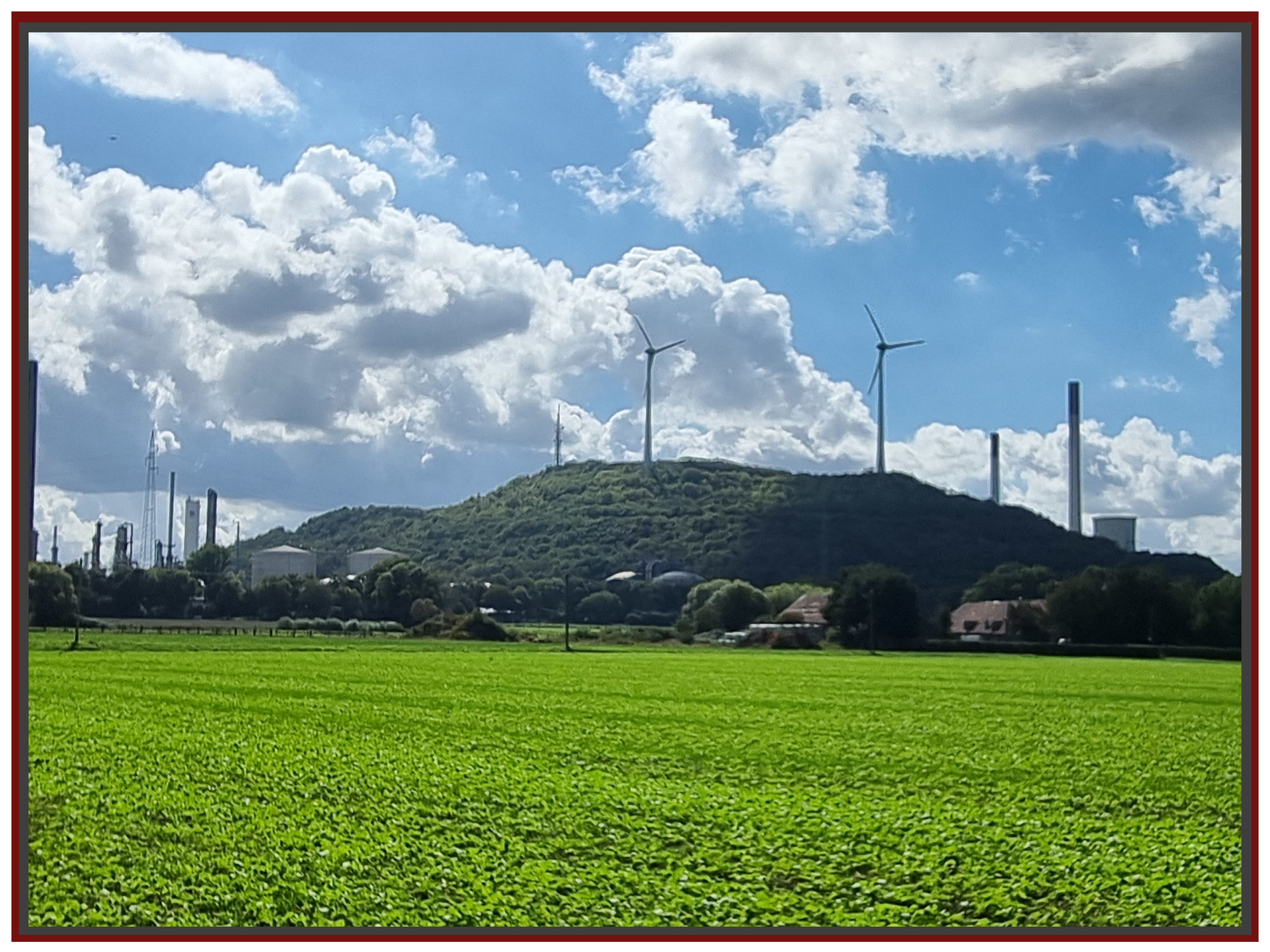 Kraftwerk mit Windpark Gelsenkirchen Oberscholven (140m Halde plus 135m Windräder)