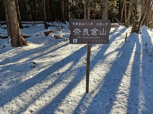 奈良倉山 山頂は樹林の中。この標識のバックに富士山が見えるわけではないようです。