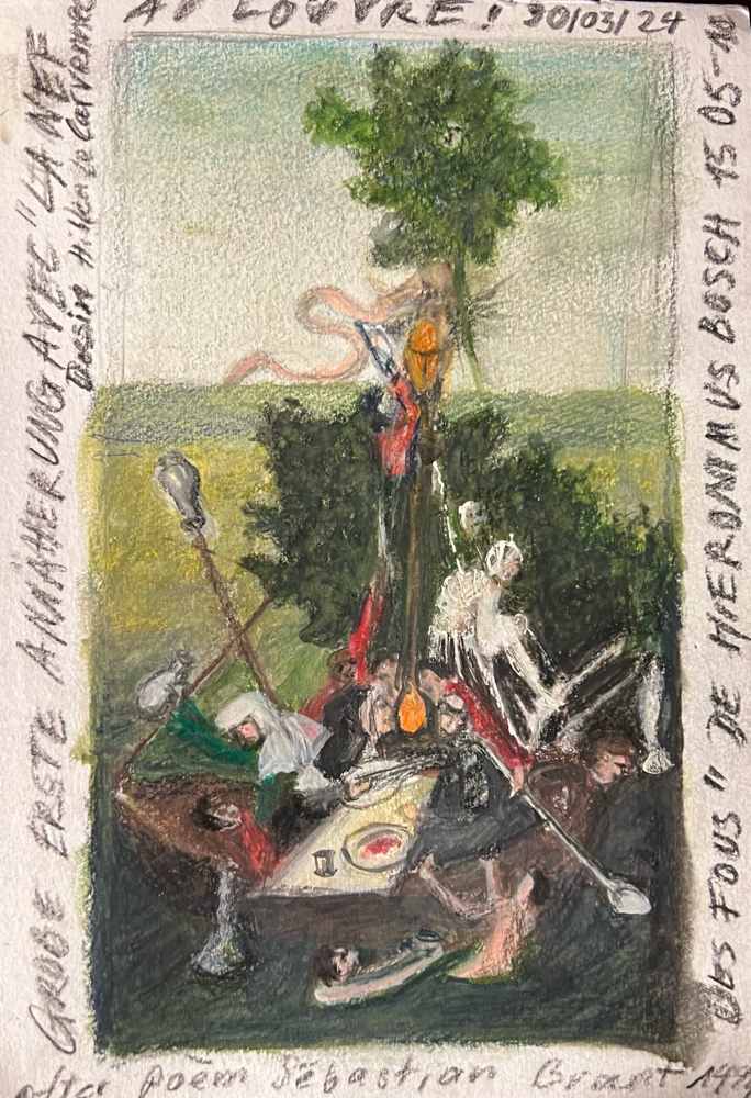 Interpretation avec graphite et crayons couleur devant l’oeuvre, mars 2024