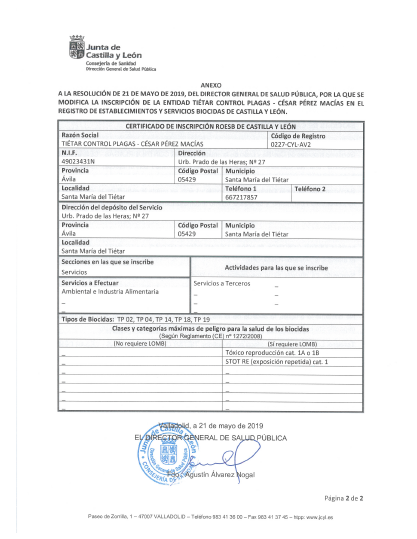 Empresa inscrita en el ROESB (Registro oficial de establecimientos y servicios biocidas) 
