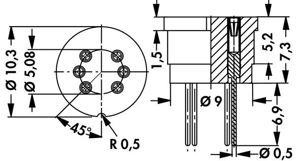 TF56 TO-5 パッケージトランジスタ用テフロンソケット 6ピンタイプ 図面