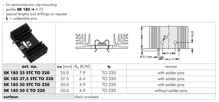 SK 185 65x18 mm Fischer Elektronik 基板取付用 押出成形ヒートシンク クリップマウント