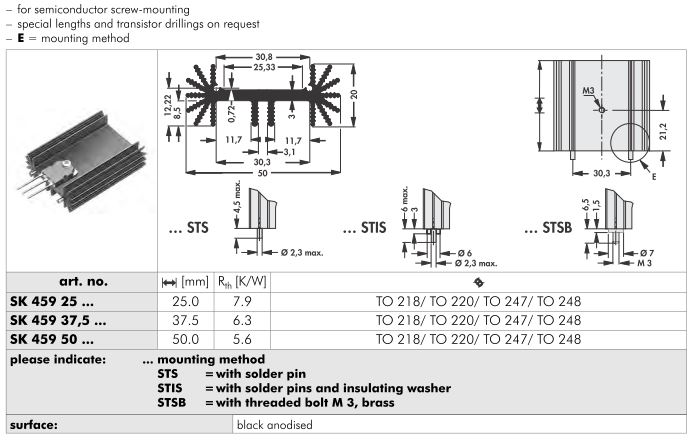 SK 459 Fischer 基板取付用ヒートシンク TO-218 TO-220 TO-247 TO-248 スクリューマウント