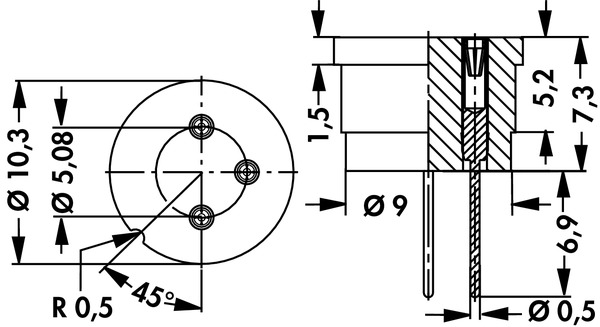 TF53 TO-5 パッケージトランジスタ用テフロンソケット 3ピンタイプ 図面