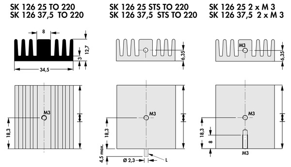 SK 126 STS TO 220   基板取付用押出成形ヒートシンク トランジスタ ネジ止めタイプ