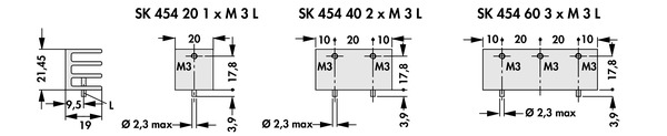 SK 454 M3 L  基板取付用押出成形ヒートシンク トランジスタネジ止めタイプ ソルダーピン有り（TO-220, SOT32パッケージ用）  H21.45 x W19 mm