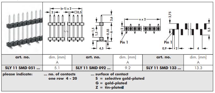 SLY 11 SMD | 2mmピッチ | 表面実装用ピンヘッダ | 段重ね用|Fischer Elektronik