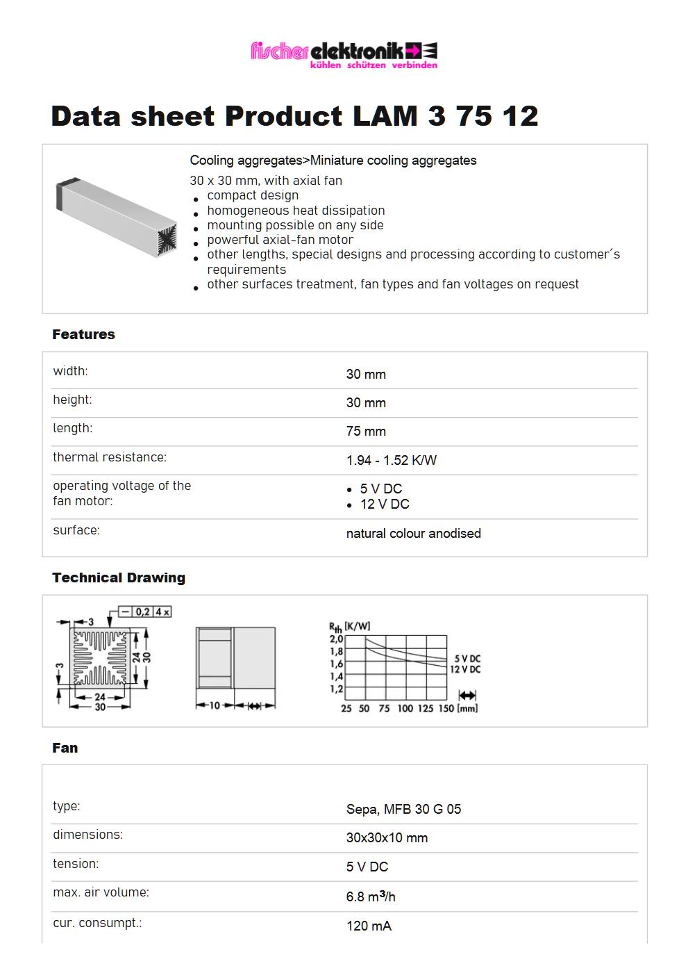 LAM 3 K 75 12｜Fischer Elektronik スプリングクリップ対応ヒートシンク（DC12V・基板実装・30×30mmシリーズ）