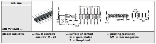 MK 27 SMD（表面実装用ピンヘッダ 2.54MMピッチ 0.47MM径丸ピン ライトアングル）