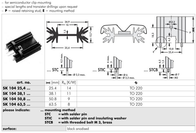 SK 104  34.9 x 12.7 mm   Fischer Elektronik 基板取付用押出成形ヒートシンク クリップマウント