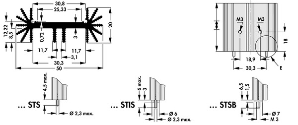 SK 459 2 x TO 220 STS  基板取付用押出成形ヒートシンク トランジスタ ネジ止めタイプ （ソルダーピンあり）