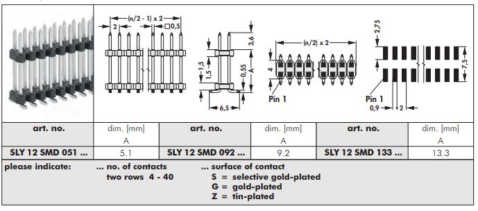 SLY 12 SMD | 2mmピッチ | 表面実装用ピンヘッダ | 段重ね用| 2列|Fischer Elektronik