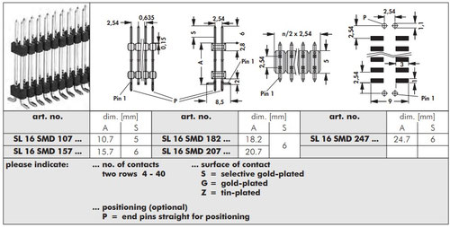 SL 16 SMD（表面実装用段重ねピンヘッダ 2.54MMピッチ 2列）