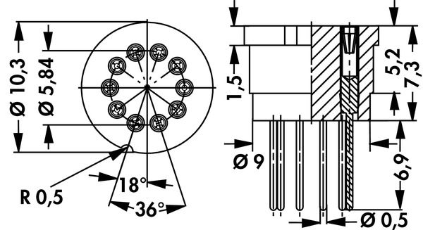 TF510 TO-5 パッケージトランジスタ用テフロンソケット 10ピンタイプ　図面