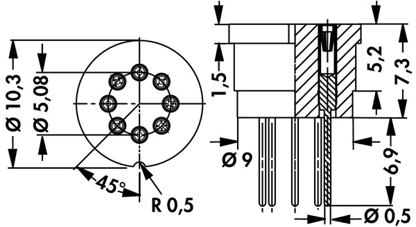 TF58 TO-5 パッケージトランジスタ用テフロンソケット 8ピンタイプ 図面