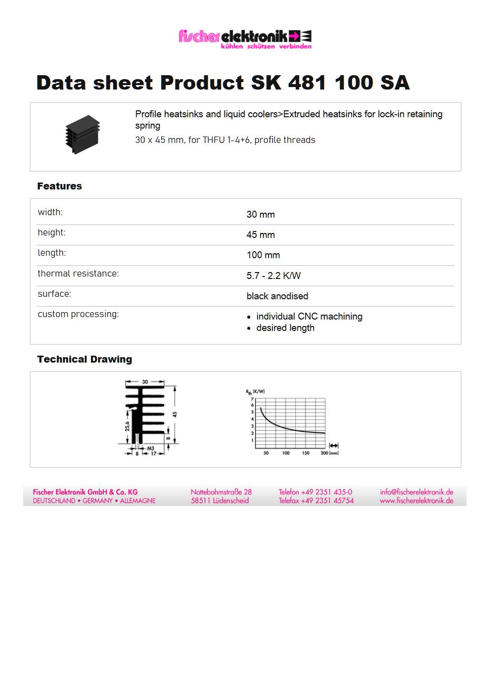 SK 481 100 SA クリップ固定用ヒートシンク（黒アルマイト）