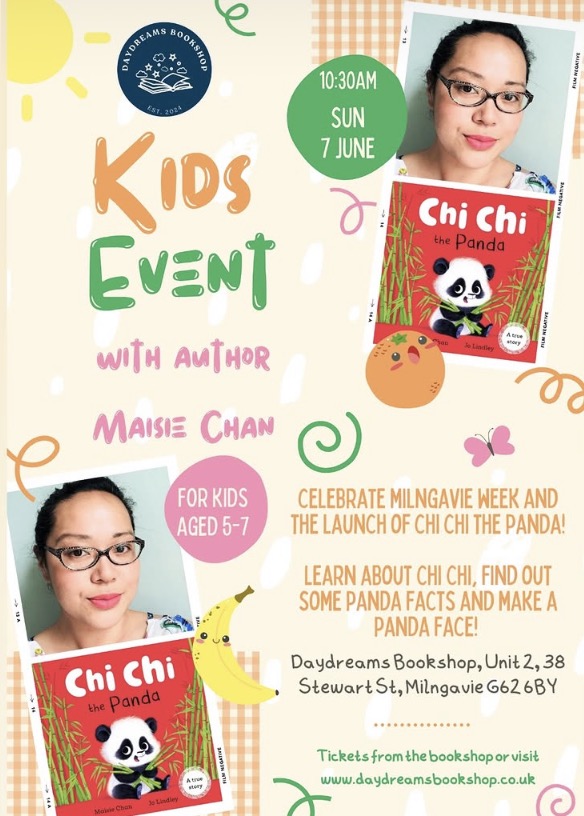 Poster with a panda book and a Chinese woman
