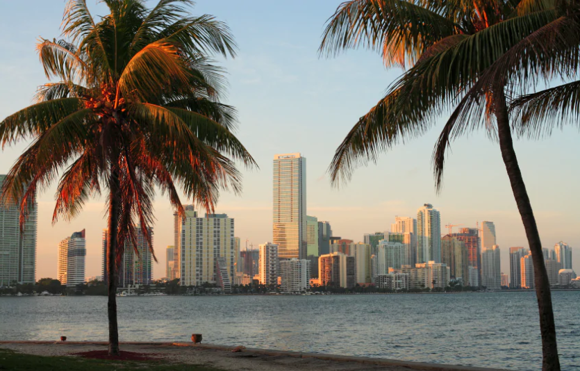 Skyline von Miami USA: Dollar etwas stärker, Ferien für Schweizer etwas teurer.