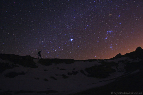 Sirio, brillante stella in questa immagne e a destra Orione con le Tre Stella della Cintura
