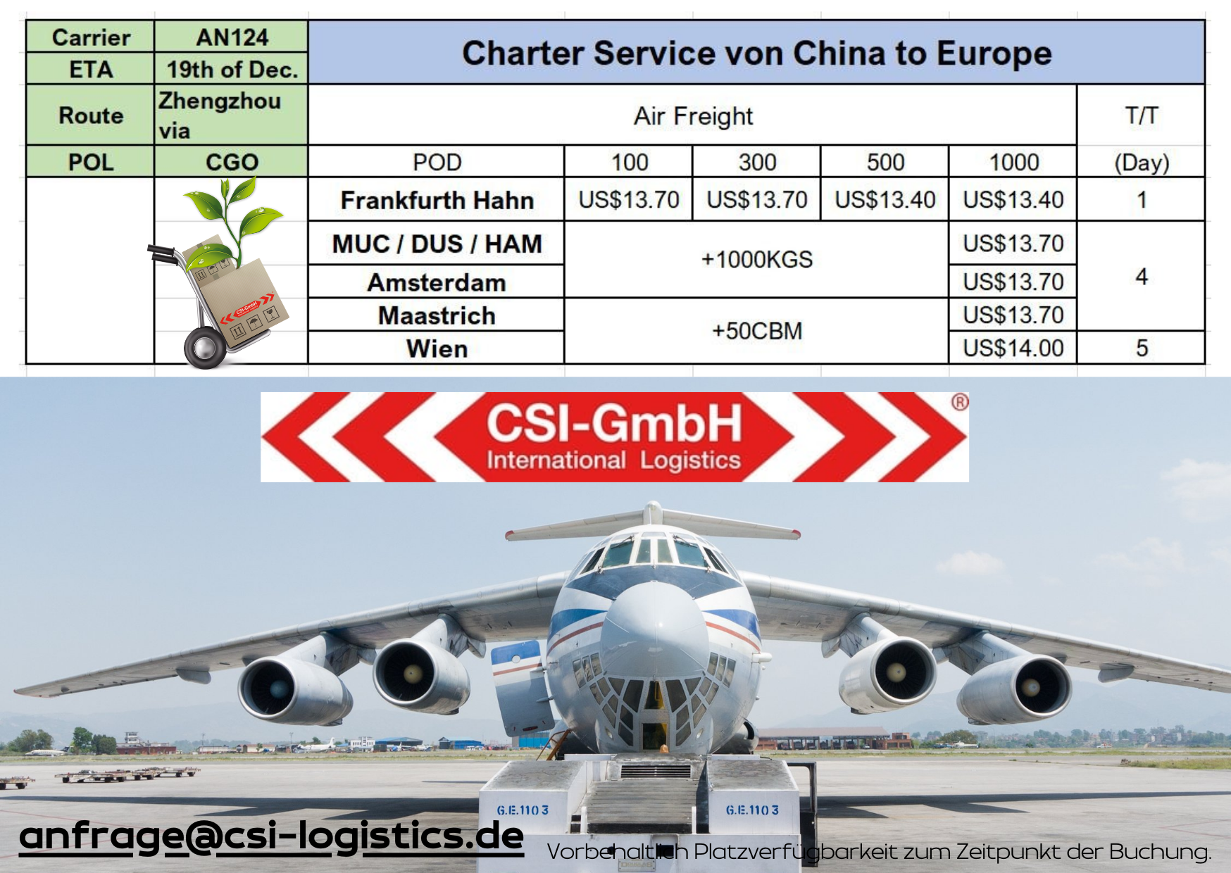 Charter from China to Europe