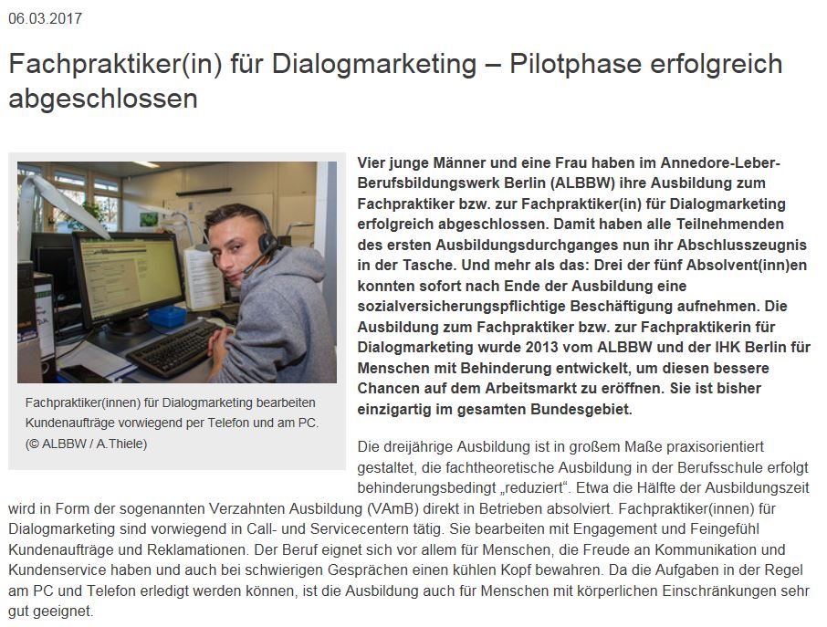 Erste Ausbildungsgruppe "Fachpraktiker für Dialogmarketing" erfolgreich am Markt platziert. - 2017