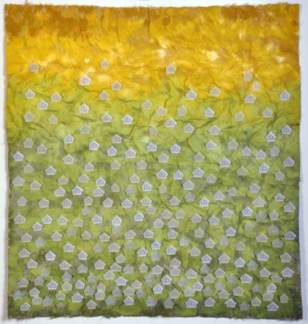 SOME IDENTITIES (hellgrün und gelb), 2014, 59 x 55cm, Tempera auf Japanpapier, Farbstift auf Transparentpapier