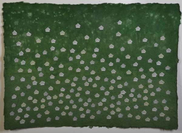SOME IDENTITIES (schilfgrün), 2014, 55 x 78 cm, Tempera auf handgeschöpftem Papier, Farbstift auf Transparentpapier