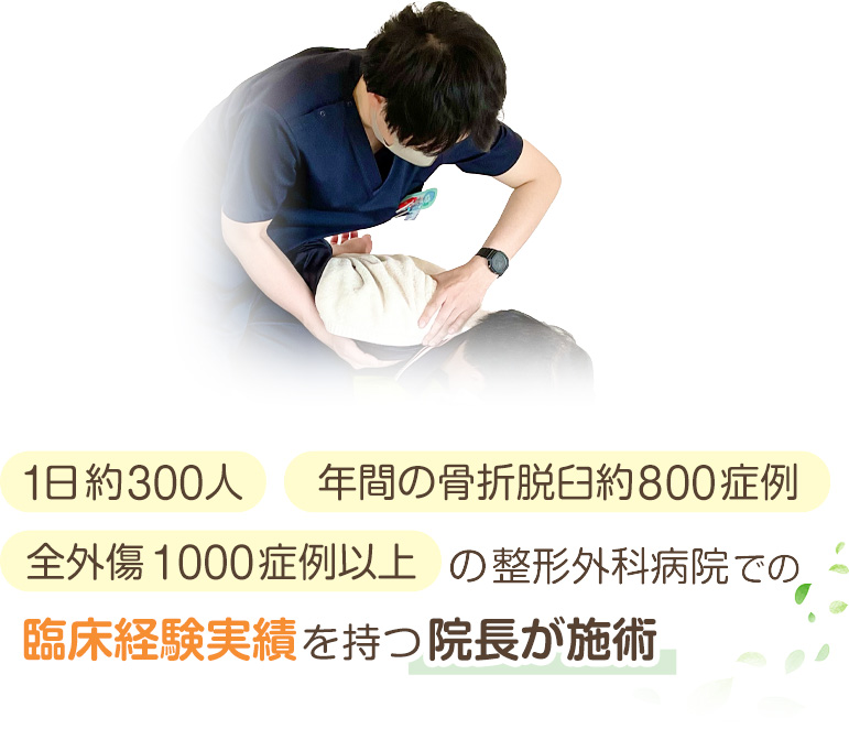 1日約300人、年間の骨折脱臼約800症例、全外傷1000症例以上の整形外科病院での臨床実験実績を持つ院長が施術。