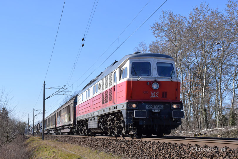DB 232 005 in EWR-Lackierung mit einem Güterzug in Richtung Angermünde bei Bernau am 08.03.2021
