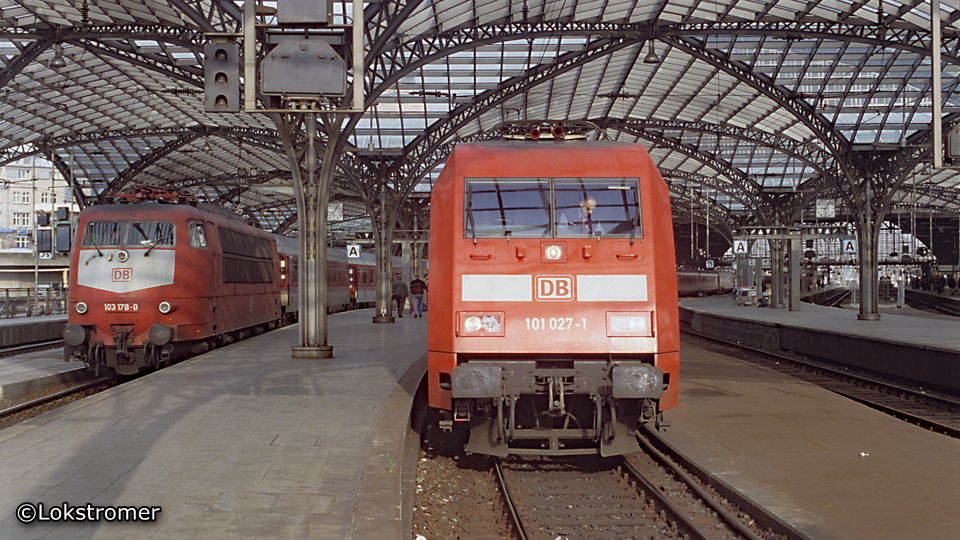Generationswechsel im DB Fernverkehr - 101 027 neben 103 178 am 17. März 1999 in Köln Hbf