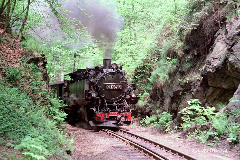 DR 99 1734 mit Personenzug nach Kipsdorf am 14.05.1989 im Rabenauer Grund