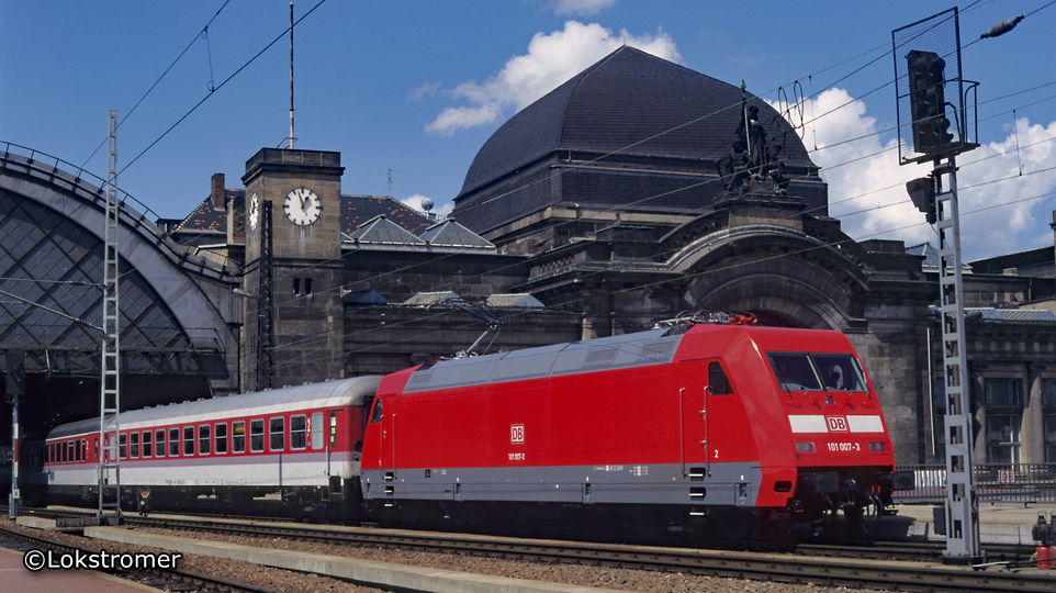 Als einen der ersten planmäßigen Einsätze bringt DB 101 007 am 10. Mai 1997 einen IC nach Dresden Hbf