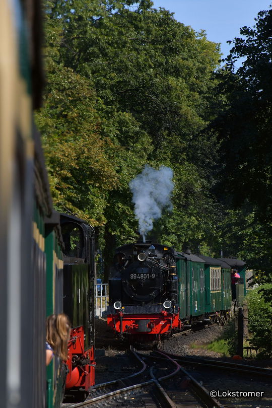 Zugkreuzung am 13. Juli 2019 nachmittags in Binz KB mit 99 4801 nach Lauterbach Mole und 99 1781 nach Göhren 