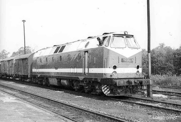 Im früheren Bahnhof Hohenbocka, heute Bahnhof Hosena, wurde am 23.08.1984 die Kamenzer DR 119 036 an den Zug gesetzt. Hier bei der Bremsprobe.