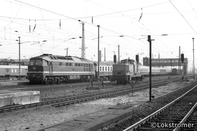 Am 06.04.1990 erreichte DR132 611 mit einem Schnellzug aus Westdeutschland nach Berlin den Bahnhof Halle/Saale Hbf, als der Zug die wartende DR 106 003 passiert.