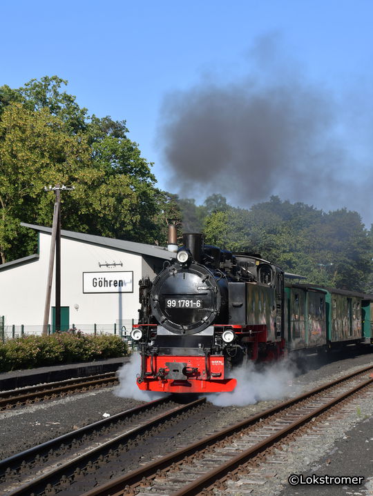 Ausfahrt der 99 1781 in Göhren mit Personenzug nach Binz KB am 14. Juli 2019