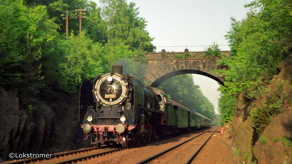 03 001 mit einem Sonderzug nach Dresden bei Langebrück am 25. Mai 1992
