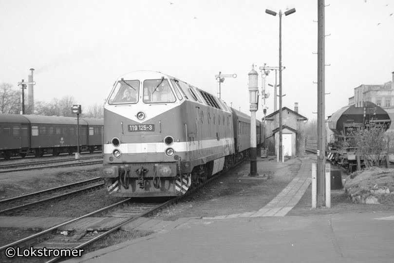 DR 119 125 kommt am 05.04.1985 in Zeitz mit einem Personenzug aus Gera an