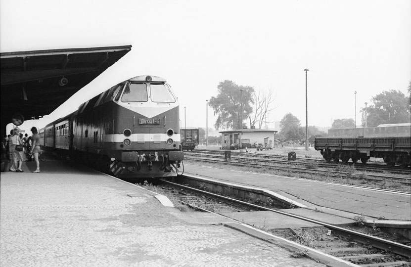 DR 119 011 erwartet am Bahnsteig in Haldensleben die Abfahrt nach Oebisfelde.