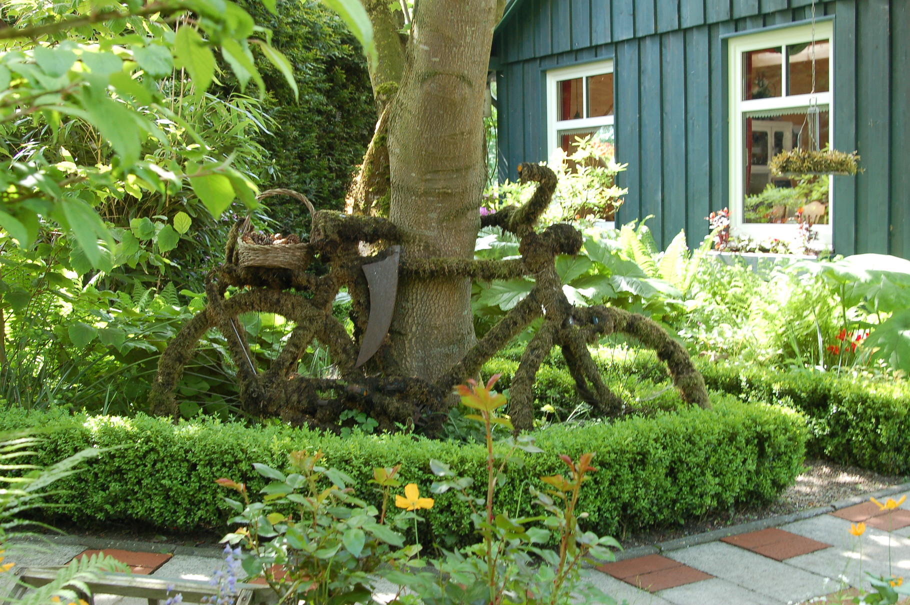 Ein Fahrrad umwickelt mit Moos, ein seltener Anblick für einen Gartenfreund. Ziert jeden Zugang zum Garten und vermittelt dem Besucher den Eindruck eines abwechslungsreichen Rundganges durch ihre Gartenanlage.