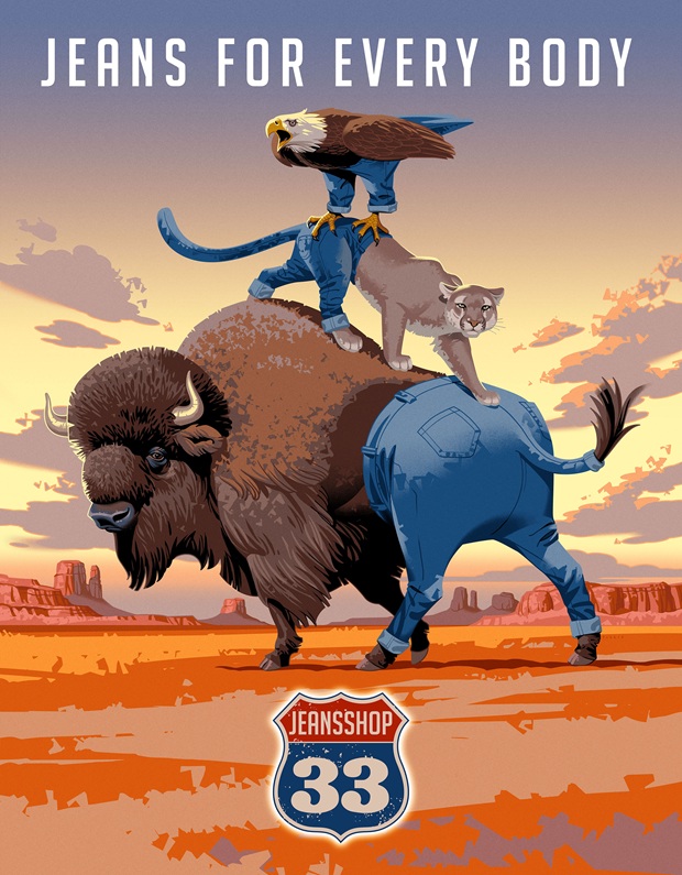 Grafik mit Bison, Raubkatze und Adler aufeinander stehend und jeweils mit Blue-Jeans bekleidet in Prärie.